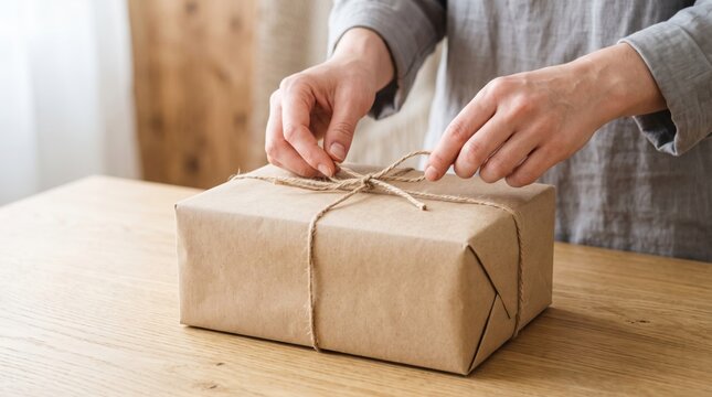 Hands tying a rustic jute string bow on a rectangular package wrapped in brown kraft paper