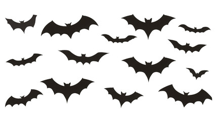 Fototapeta premium Black bat silhouettes flying in collection isolated on transparent background for Halloween graphic design elements