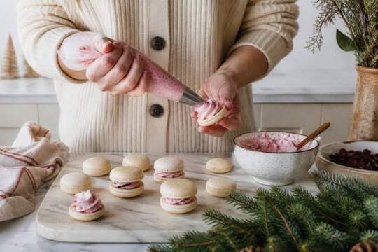 Piping cranberry cream into delicate macaron shells on a marble board. This homemade sweet treat captures festive holiday baking and culinary preparation.