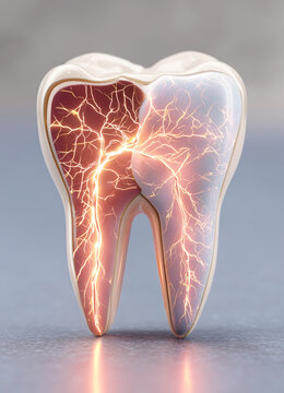 Conceptual model of human tooth anatomy with glowing golden lightning nerves structure inside. Creative dental illustration of severe toothache enamel pain or pulpitis inflammation