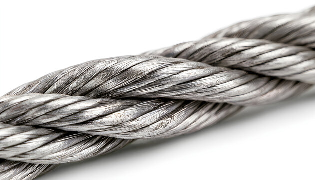 Twisted steel wire rope with multiple strands, industrial strength and connection concept, isolated on a clean white background