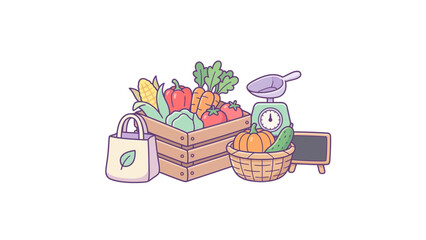 Fototapeta premium Farmers market display with vegetables and scale.