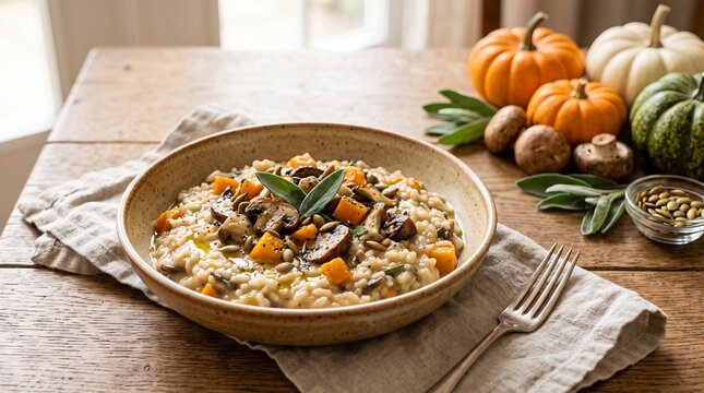Vegan risotto with pumpkin and mushroom served in ceramic bowl. Healthy plant-based meal for World Vegan Day. Autumnal dinner with seasonal vegetables on rustic wooden table background