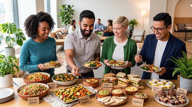 Diverse group of people eating vegan food at office party. Happy colleagues sharing healthy plant-based meal. Workplace team building activity with vegetarian lunch buffet concept