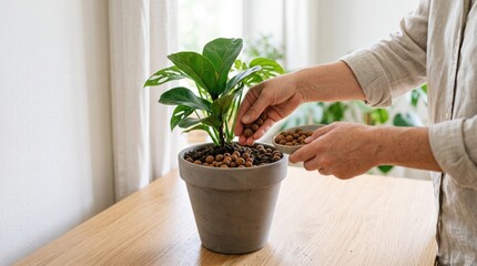 Fototapeta premium Hands adding brown clay pebbles to a potted monstera houseplant on a wooden table