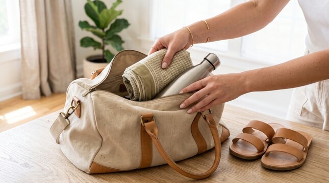 Hands packing a folded towel and a stainless steel water bottle into a canvas duffel bag