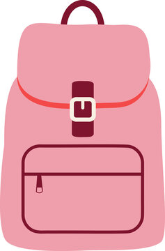 Pink school backpack with buckle flap flat vector illustration, cute rucksack