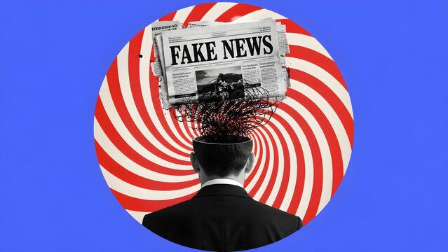 Fake news concept showing anonymous silhouette holding misleading newspaper against hypnotic red spiral background representing misinformation and media bias