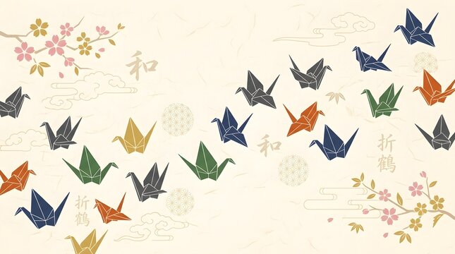 Colorful origami crane pattern with butterflies, flowers and Japanese motifs on a soft cream background creating an elegant cultural design