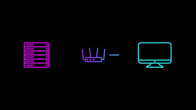 An animated multi-colored structural diagram of data (information) transfer from the user's computer to the server via a router and back. Client-server data exchange.
