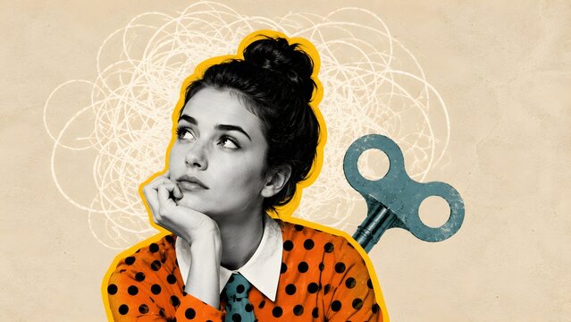 Retro collage of thoughtful woman with speech bubbles and scissors, representing ideas, creativity, communication, decision making and imagination