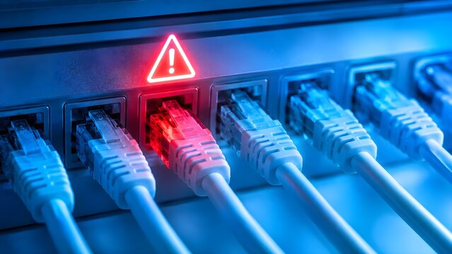 Blue network cables connected to switches with a red warning symbol representing cybersecurity, connectivity, network errors, data protection and IT systems