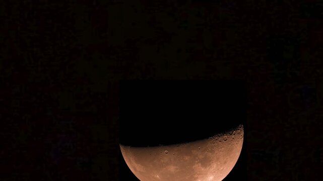 Detailed half moon rising across the black sky with visible surface craters and warm golden hue