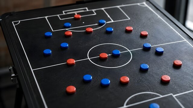 Strategic sports tactics board with red and blue markers representing game planning, teamwork, competition, coaching, analysis and athletic strategy