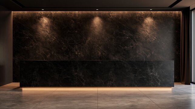Reception desk in a luxury interior with dark marble wall, warm accent lighting, wood floor, and minimalist modern design for salon or clinic branding.