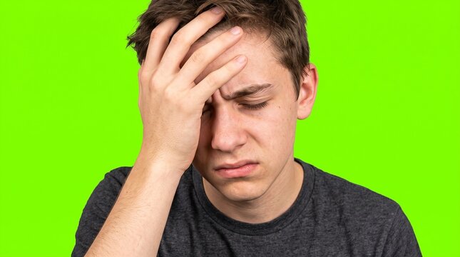 Frustrated young person doing facepalm gesture on green screen