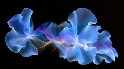 Obraz premium Jellyfish glow blue and violet as translucent forms drift against a black background in an abstract underwater scene with flowing ribbons and soft light, evoking marine fantasy and deep sea