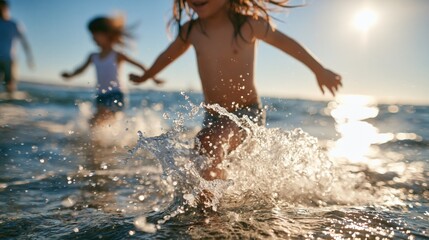 Fototapeta premium Children running through shallow waves on sunny beach, water splashing, blurred figures behind, summer play, ocean, motion, joy, family, seaside, daylight, carefree, active, vacation, recreation