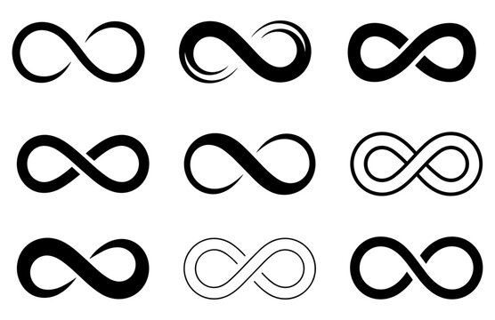 Infinite Symbols Collection: A compilation of nine distinct infinity symbols, rendered in black and white, showcasing variations in style and complexity, from sleek and modern to intricately designed.