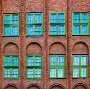 Close up of green windows on a brick wall, Gdansk, Poland