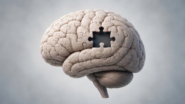 A Conceptual 3D Illustration of a Human Brain with a Missing Puzzle Piece Symbolizing Cognitive Gaps and Unresolved Mysteries in Neuroscience