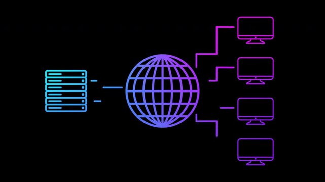 An animated, multicolored structural diagram of data (information) transfer from user computers to the server and back via the Internet. Client-server data exchange.
