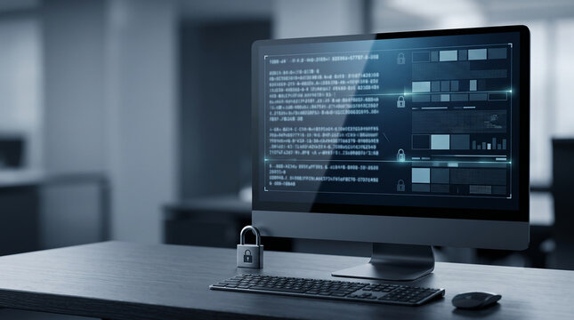 Computer screen displaying secure code with padlock on desk for cybersecurity concept