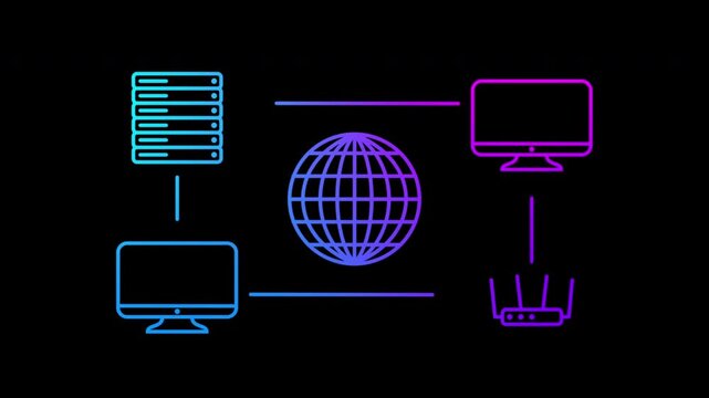 An animated, multicolored structural diagram of data (information) transfer from user computers to the server and router via the global Internet and back. Client-server data exchange.