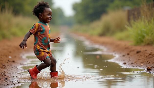 Child playing in puddles wearing red boots, joyful moment captured as child runs through muddy path and splashes water. Concept of childhood fun and outdoor play in nature.