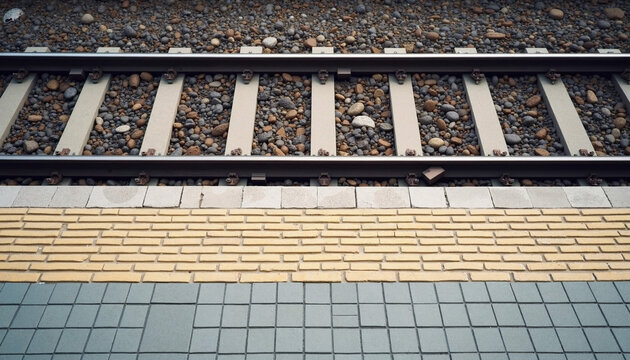 Train tracks with gravel and tiled platform at railway station. Railway tracks are made of steel rails on concrete sleepers surrounded by small stones.