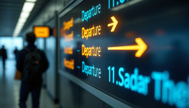 Departure information sign with arrows indicating directions in airport terminal. Departure board displays flight information and destinations for travelers.