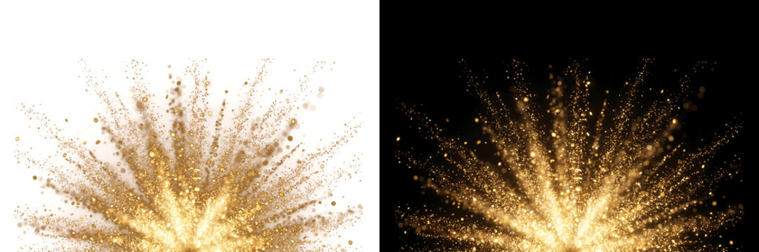 Golden glitter explosion isolated on transparent background and black background