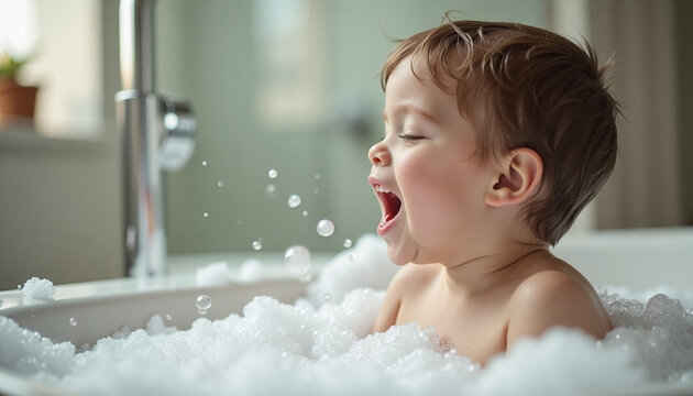 Happy child enjoying bath time with bubbles and foam splashing around in tub. Child expresses joy with playful sounds while surrounded by soft foam during relaxing bath time experience.