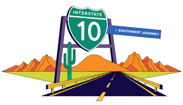 Very beautiful realistic vector of an American interstate highway sign featuring desert mountains, cactus and a long western roadway, INTERSTATE 10 &bull; SOUTHWEST JOURNEY, vibrant colors, isolated on whi
