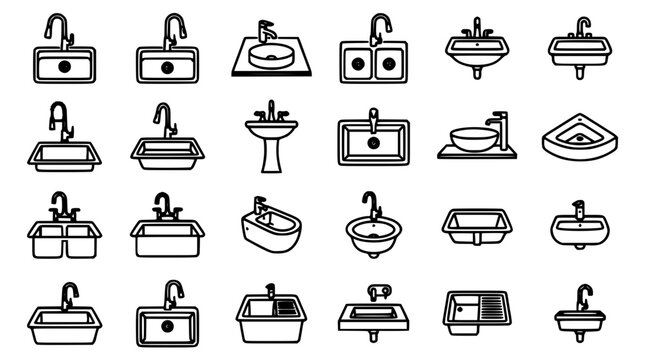 Bathroom Fixtures Icons Set Featuring Various Sink and Toilet Designs in a Flat Line Art Style for Plumbing and Interior Use