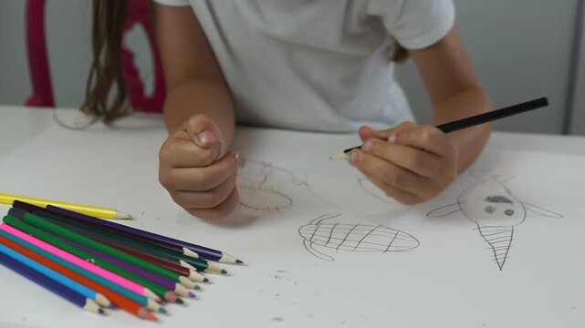 Close up view of a child's hands carefully drawing crosshatch patterns with a pencil on a sheet of paper at a white desk.