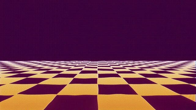 purple yellow, vaporwave retro background screensaver background, infinite loop oldschool visual with checkered moving wavy surface.