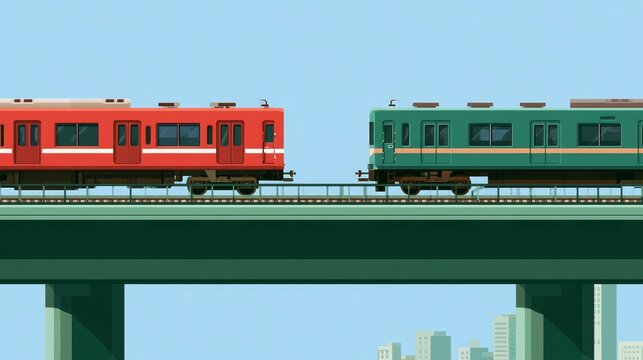 Flat vector illustration of red and green commuter trains traveling on elevated green railway tracks, featuring modern passenger train design, urban rail transportation, public transit.