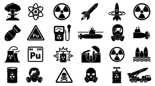 Collection of 16 Black and White Vector Icons Featuring Nuclear Symbols, Radiation Warnings, Atomic Elements, and Scientific Motif