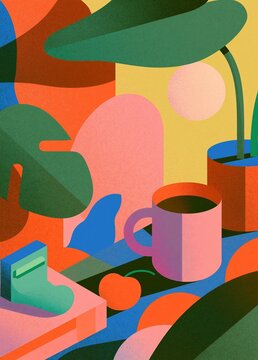 Illustration of a colorful and abstract composition. it has a variety of shapes and colors, including green, orange, pink, blue, and yellow.