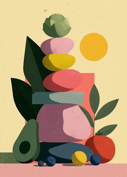 Illustration of a stack of colorful objects on a beige background.
