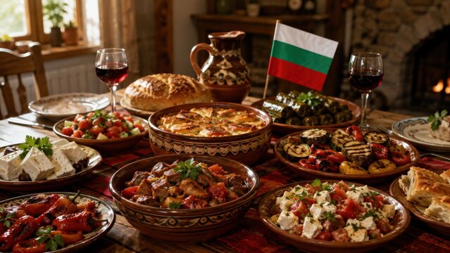 A Delectable Array of Traditional Dishes from Bulgaria, Showcasing Vibrant Colors and Rich Flavors for a Perfect Culinary Experience