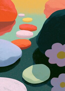 Illustration of a colorful landscape with a variety of shapes and colors. the background is a gradient of orange, pink, yellow, green, blue, and purple, with a few white circles scattered throughout.