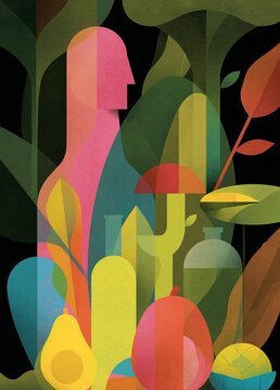 Abstract illustration with a dark background. it features a variety of colorful shapes and objects arranged in a way that creates a sense of depth and dimension.