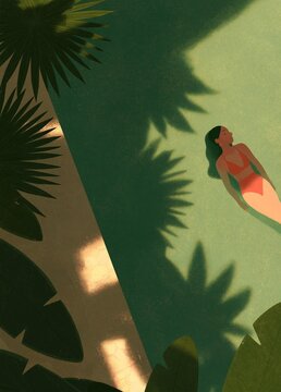 Illustration of a woman in a red swimsuit floating in the water. she is facing away from the viewer, with her body slightly tilted to the side.