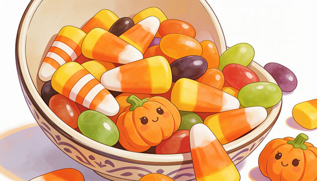Halloween candy corn bowl illustration, colorful autumn trick or treat sweets, cute cute cute pumpkin character design, festive seasonal food background vector artwork for holiday party poster.