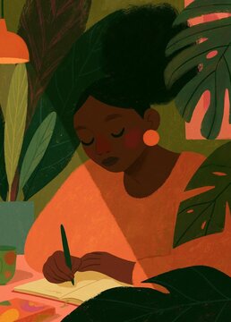 Illustration of a young woman sitting at a table with a notebook and pen in her hand. she is wearing an orange top and has her eyes closed, as if she is deep in thought.