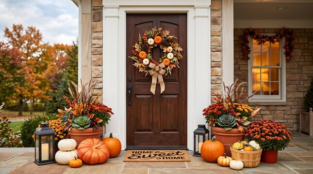 Front door decorated for autumn with pumpkins and fall wreath for seasonal home exterior