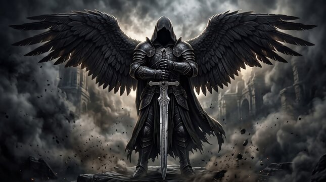 Dark fantasy warrior with massive wings stands ready in stormy clouds holding broadsword