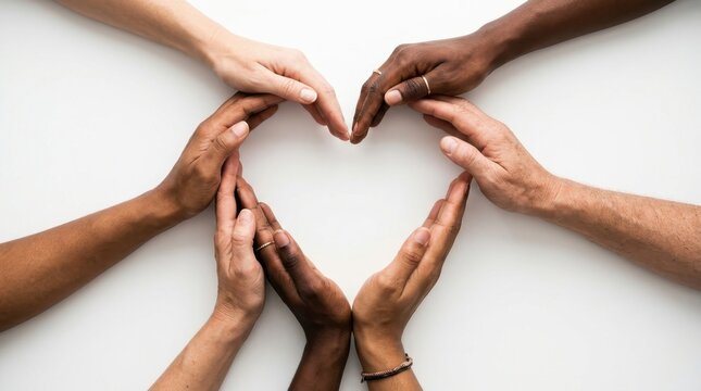 Diverse multiracial hands forming a heart shape on a plain white background symbolising unity love and togetherness through community support and social inclusion for global peace projects